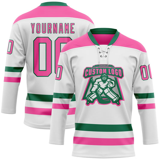 Custom White Pink-Kelly Green Hockey Lace Neck Jersey - Sky-Custom