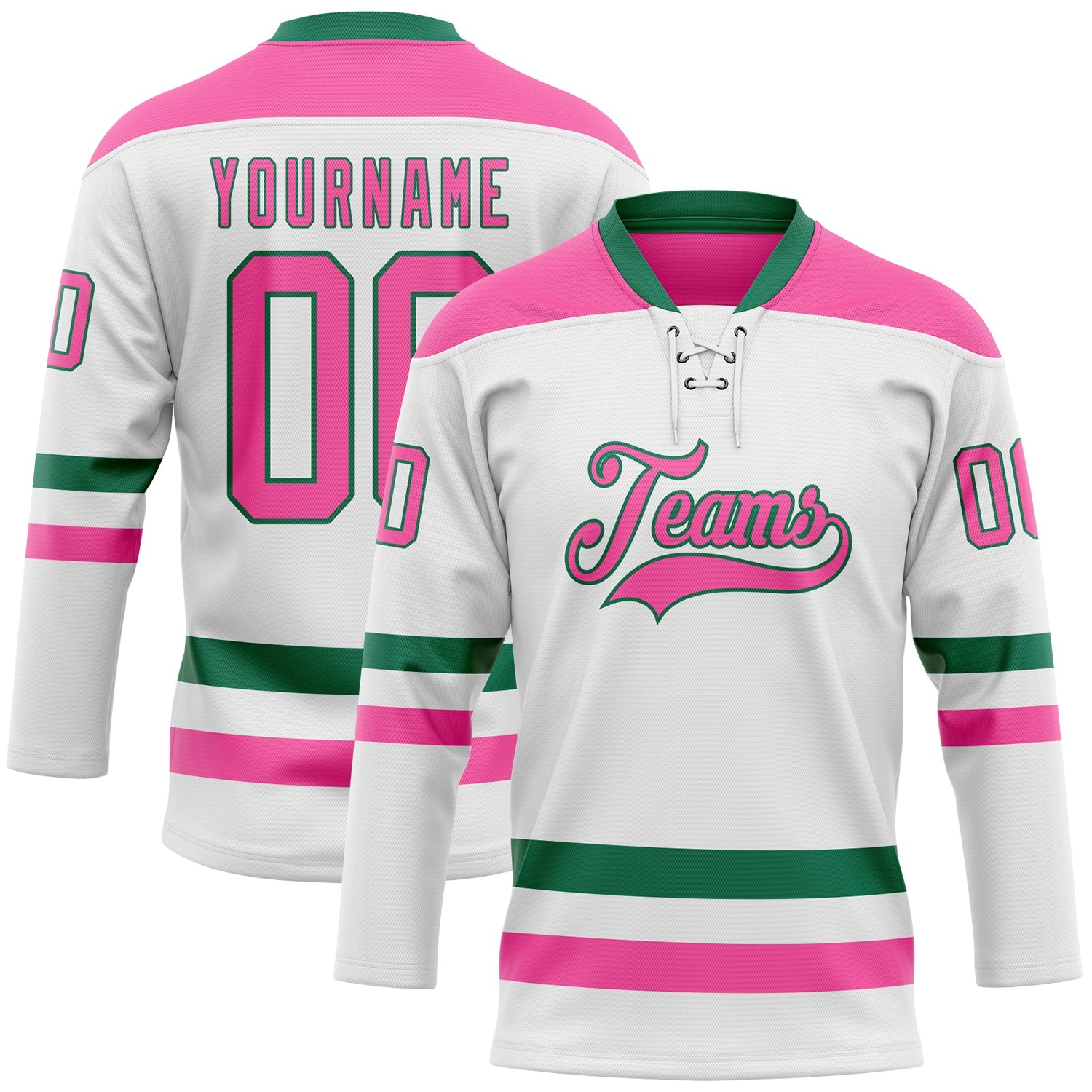 Custom White Pink-Kelly Green Hockey Lace Neck Jersey - Sky-Custom