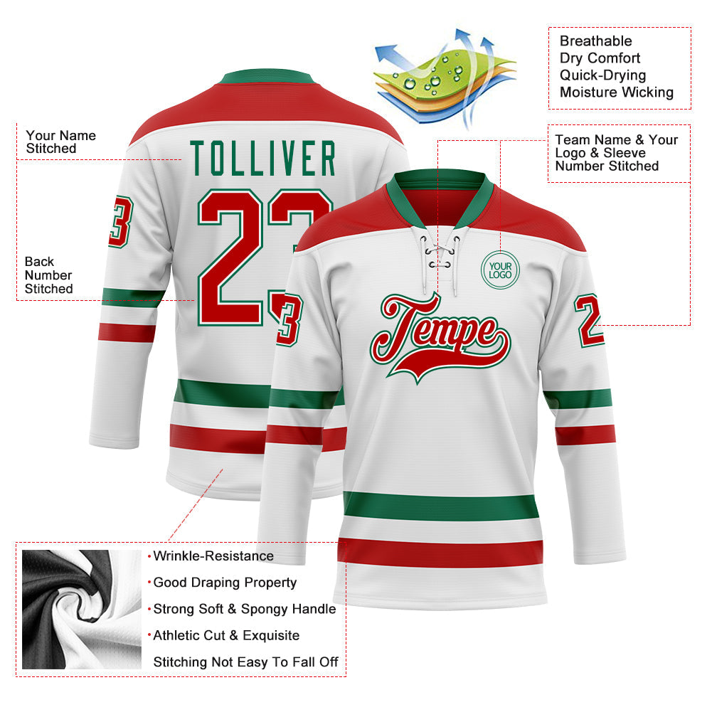 Custom White Red-Kelly Green Hockey Lace Neck Jersey - Sky-Custom