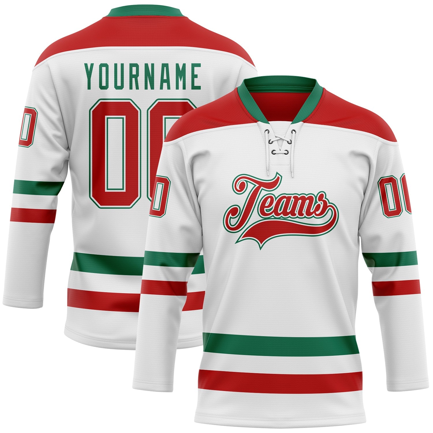 Custom White Red-Kelly Green Hockey Lace Neck Jersey - Sky-Custom