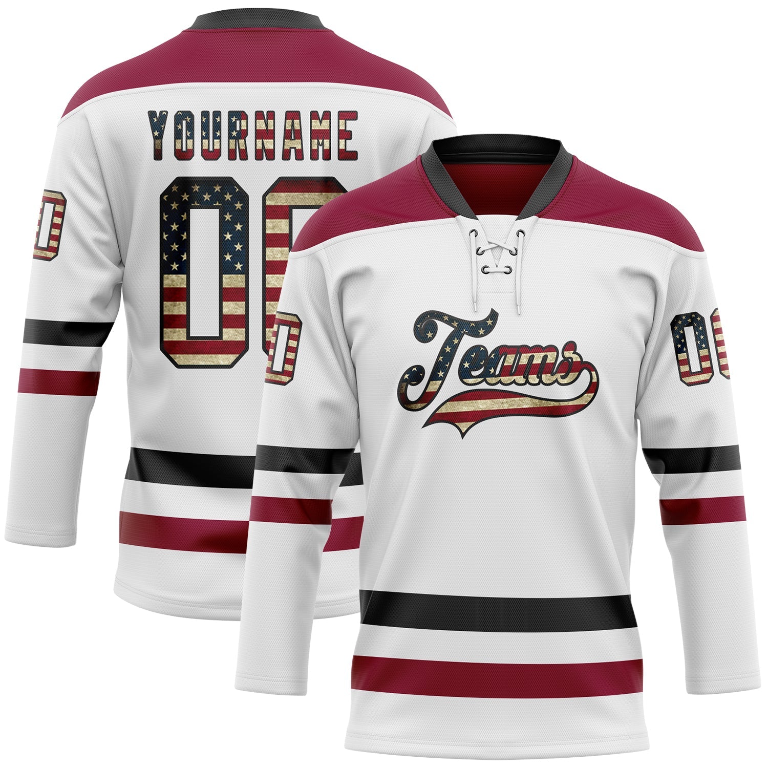 Custom White Vintage USA Flag Black-Maroon Hockey Lace Neck Jersey - Sky-Custom