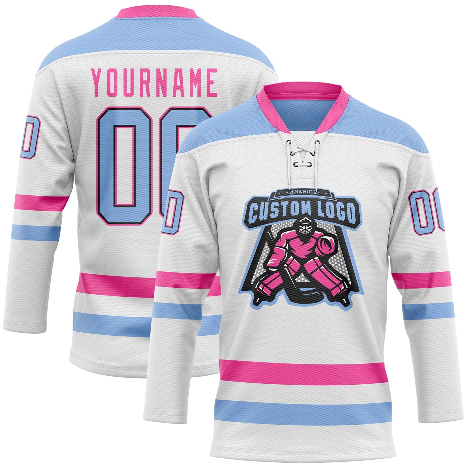 Custom White Light Blue Black-Pink Hockey Lace Neck Jersey - Sky-Custom