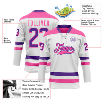 Custom White Purple-Pink Hockey Lace Neck Jersey - Sky-Custom
