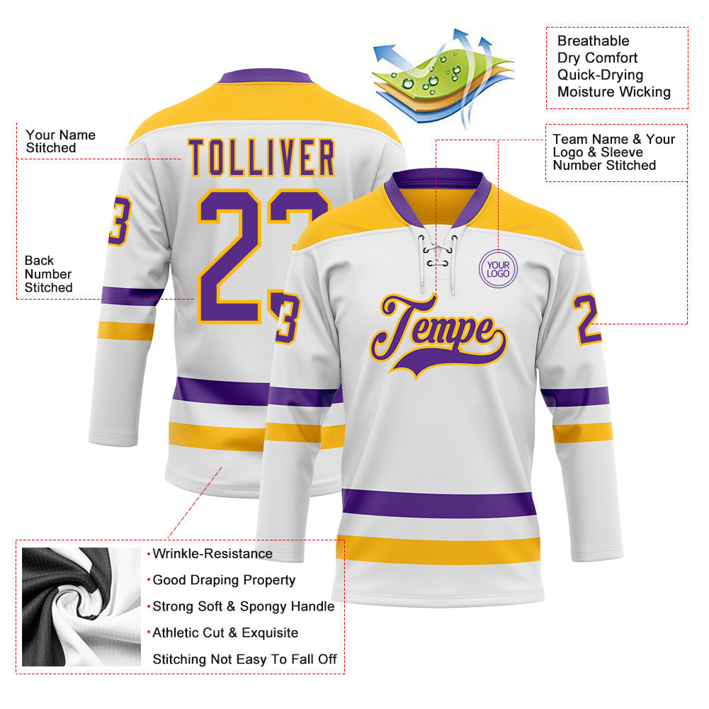 Custom White Purple-Gold Hockey Lace Neck Jersey - Sky-Custom