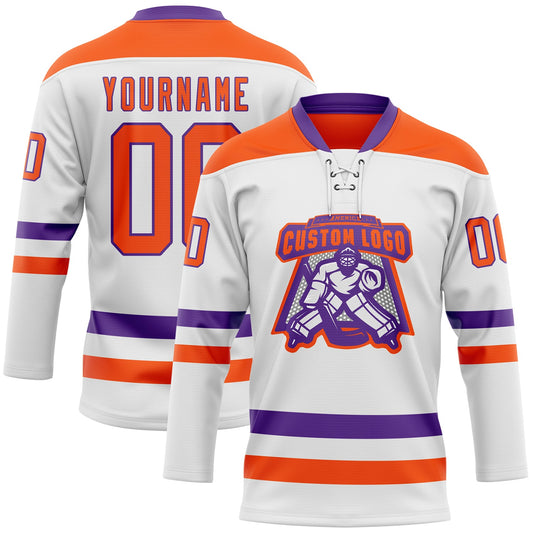Custom White Orange-Purple Hockey Lace Neck Jersey - Sky-Custom