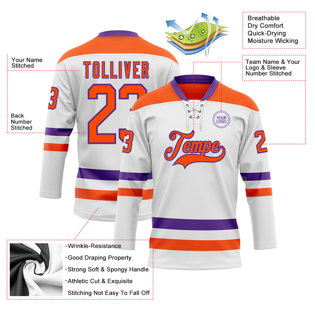 Custom White Orange-Purple Hockey Lace Neck Jersey - Sky-Custom