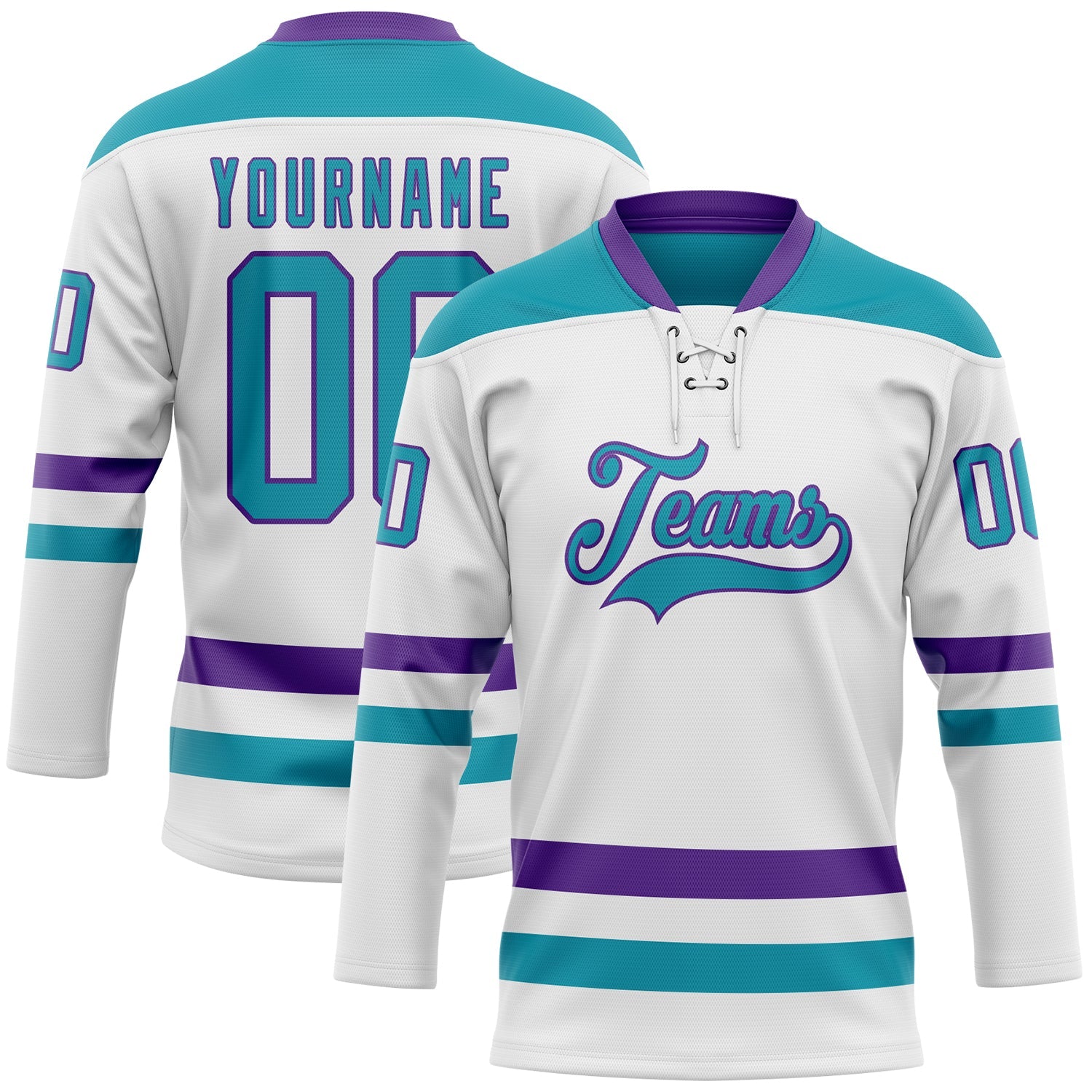 Custom White Teal-Purple Hockey Lace Neck Jersey - Sky-Custom
