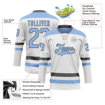 Custom White Light Blue-Steel Gray Hockey Lace Neck Jersey - Sky-Custom