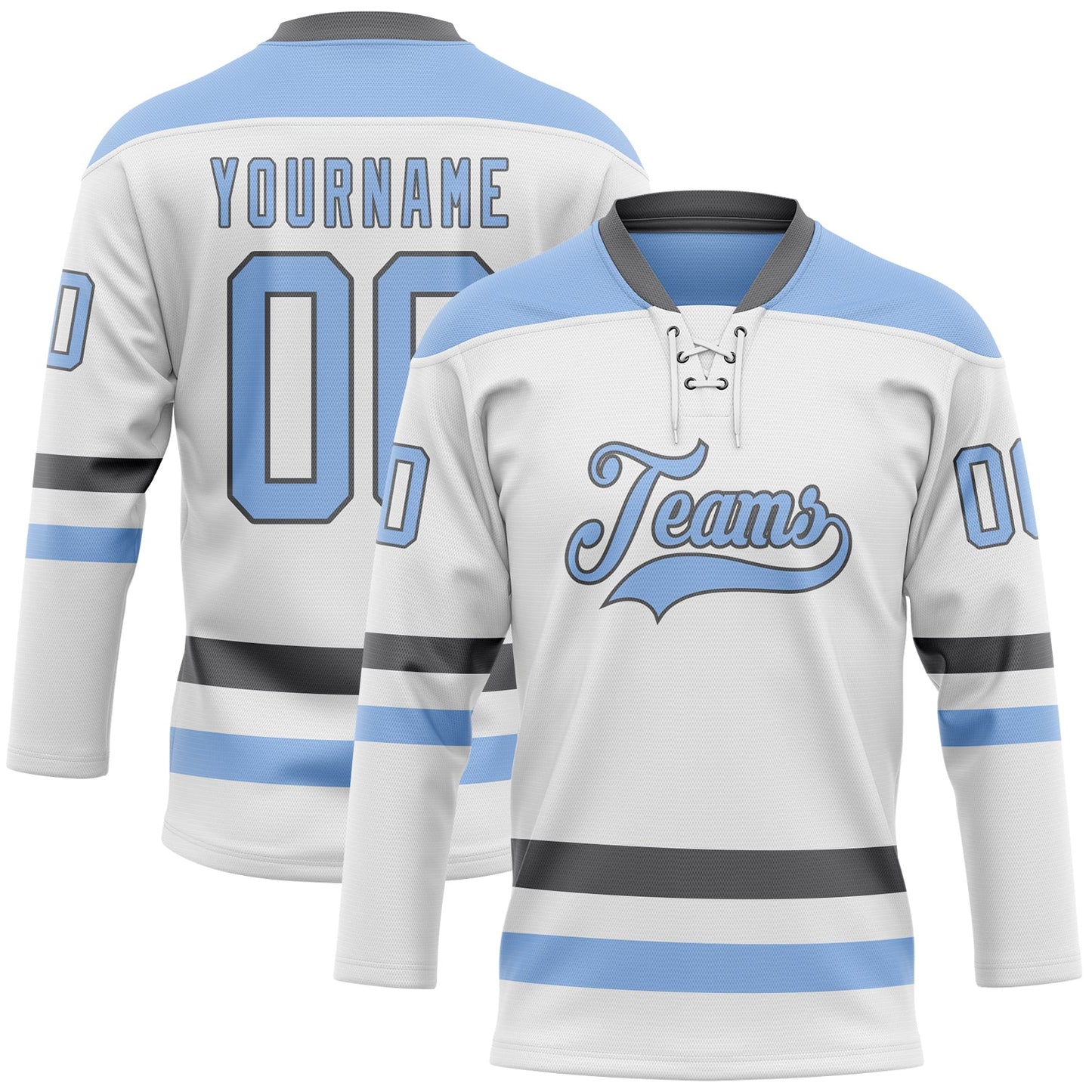 Custom White Light Blue-Steel Gray Hockey Lace Neck Jersey - Sky-Custom