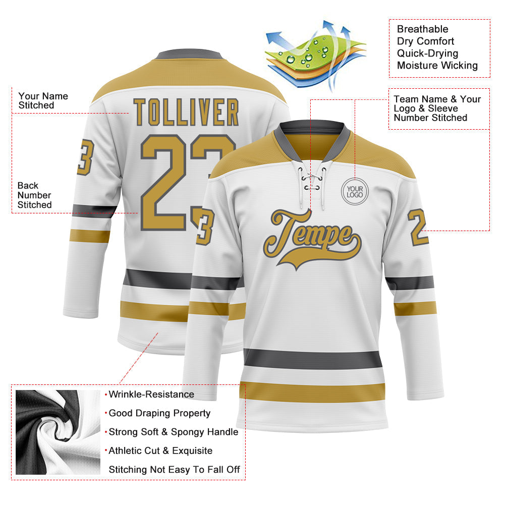 Custom White Old Gold-Steel Gray Hockey Lace Neck Jersey - Sky-Custom