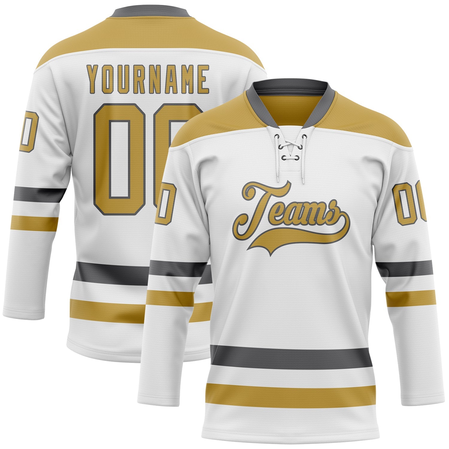 Custom White Old Gold-Steel Gray Hockey Lace Neck Jersey - Sky-Custom