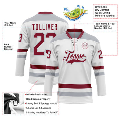Custom White Crimson-Gray Hockey Lace Neck Jersey - Sky-Custom