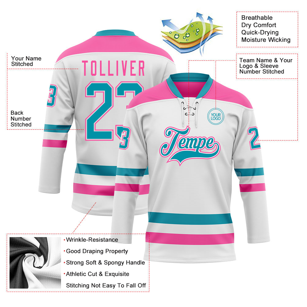 Custom White Teal-Pink Hockey Lace Neck Jersey - Sky-Custom