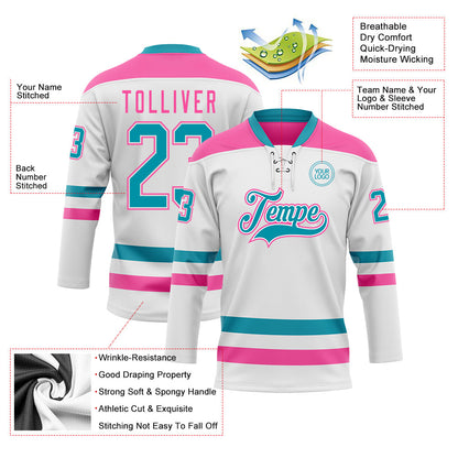 Custom White Teal-Pink Hockey Lace Neck Jersey - Sky-Custom