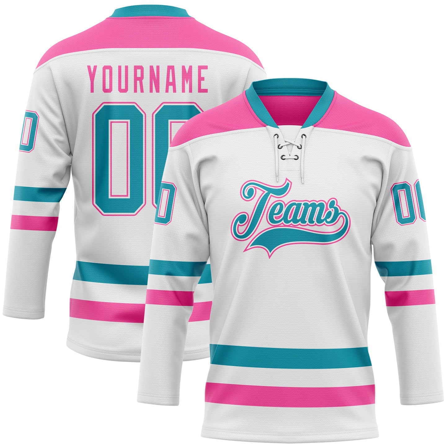 Custom White Teal-Pink Hockey Lace Neck Jersey - Sky-Custom