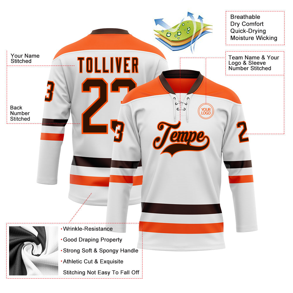 Custom White Brown-Orange Hockey Lace Neck Jersey - Sky-Custom