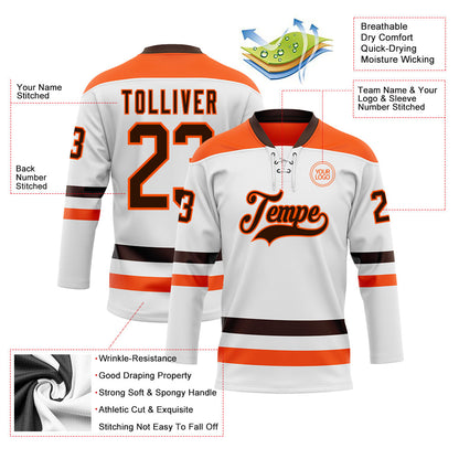 Custom White Brown-Orange Hockey Lace Neck Jersey - Sky-Custom