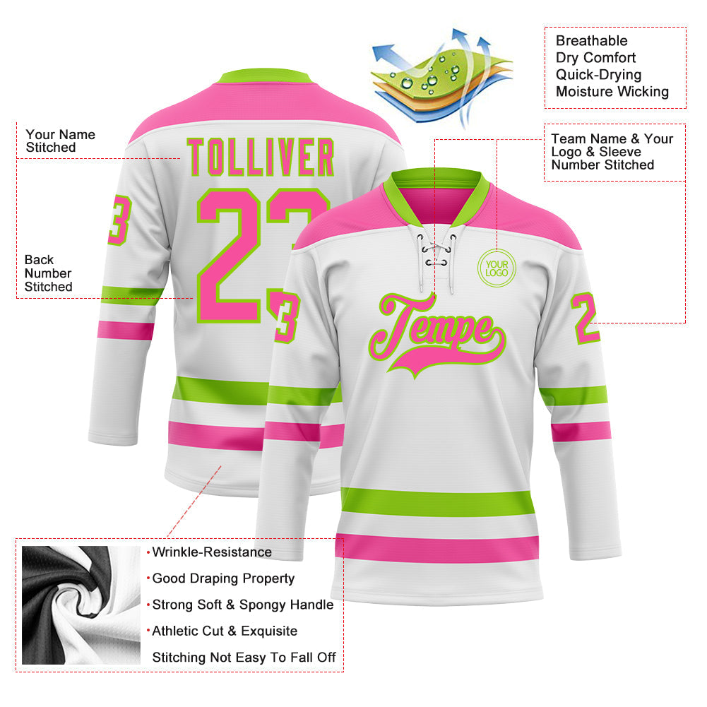 Custom White Pink-Neon Green Hockey Lace Neck Jersey - Sky-Custom
