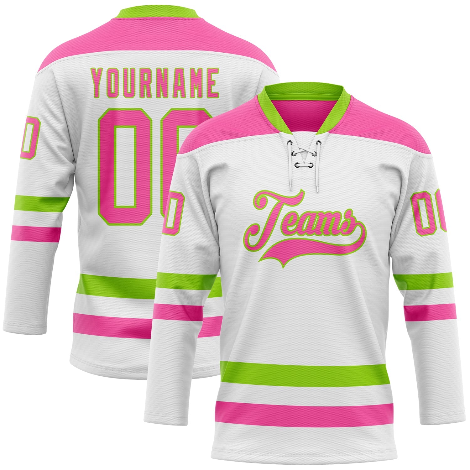 Custom White Pink-Neon Green Hockey Lace Neck Jersey - Sky-Custom