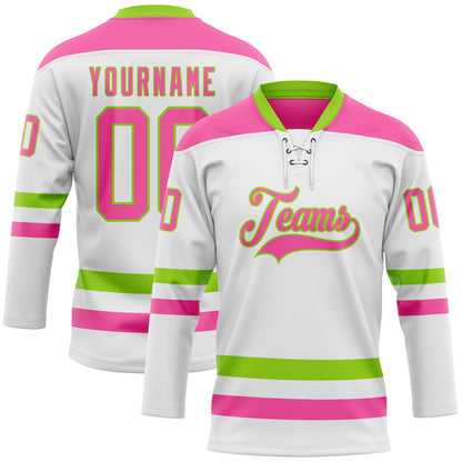 Custom White Pink-Neon Green Hockey Lace Neck Jersey - Sky-Custom