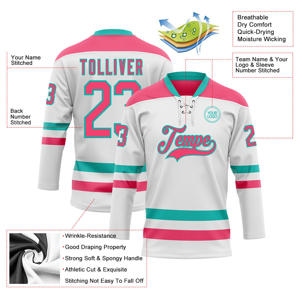 Custom White Neon Pink-Aqua Hockey Lace Neck Jersey - Sky-Custom