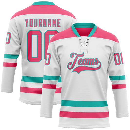 Custom White Neon Pink-Aqua Hockey Lace Neck Jersey - Sky-Custom