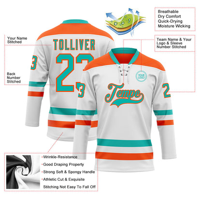 Custom White Aqua-Orange Hockey Lace Neck Jersey - Sky-Custom