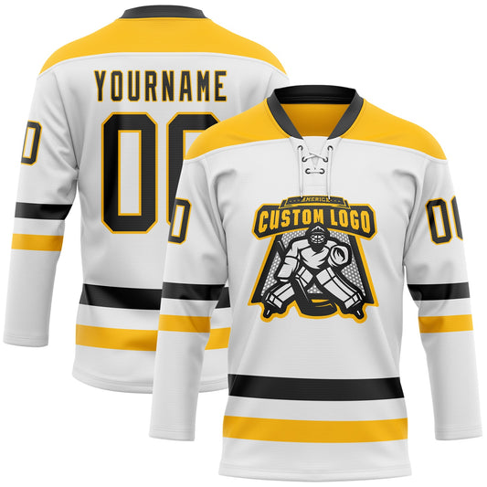 Custom White Black-Gold Hockey Lace Neck Jersey - Sky-Custom