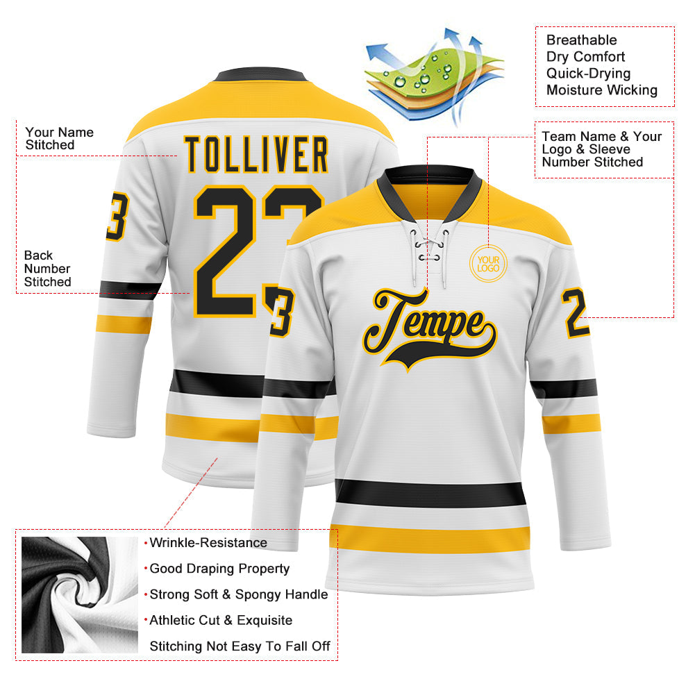 Custom White Black-Gold Hockey Lace Neck Jersey - Sky-Custom
