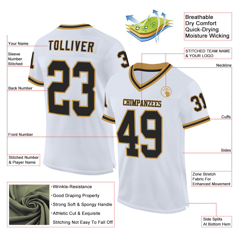 Custom White Black-Old Gold Mesh Authentic Throwback Football Jersey - Sky-Custom