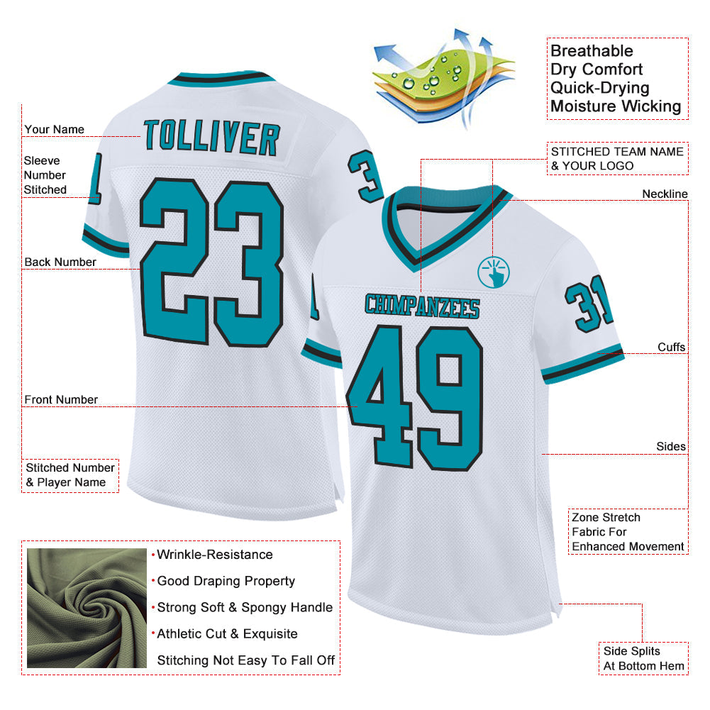 Custom White Teal-Black Mesh Authentic Throwback Football Jersey - Sky-Custom