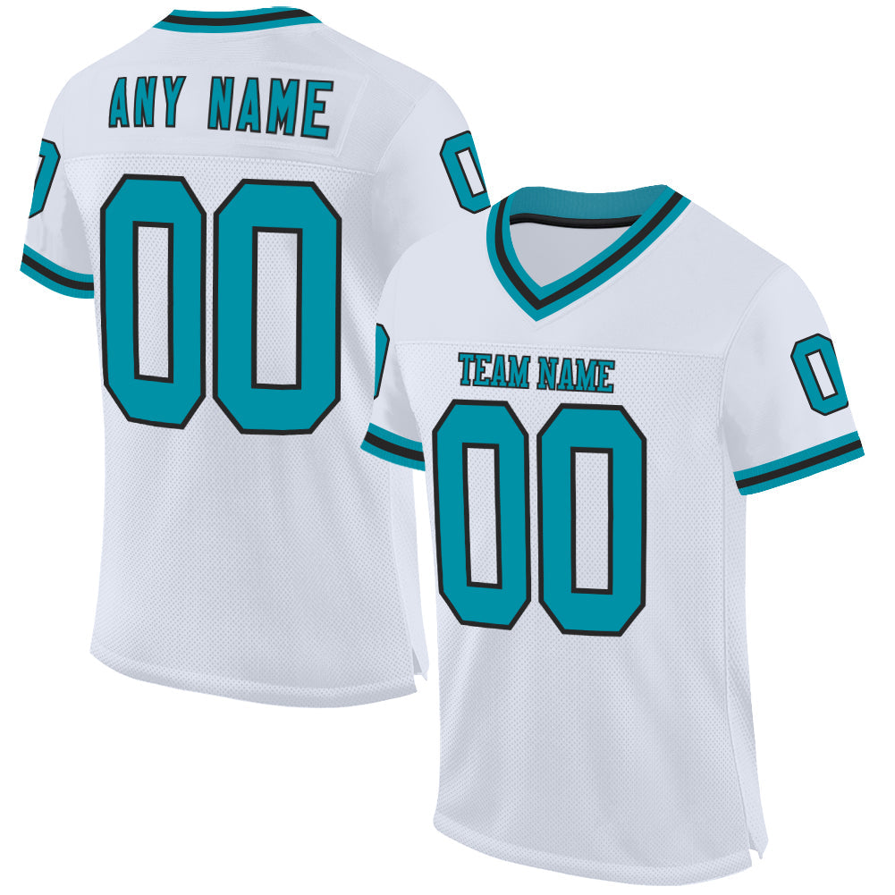 Custom White Teal-Black Mesh Authentic Throwback Football Jersey - Sky-Custom