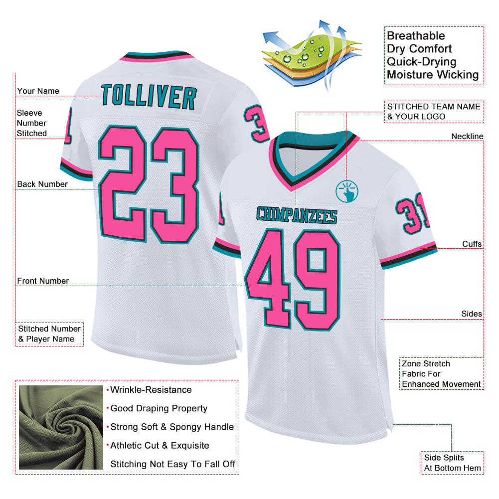 Custom White Pink Black-Teal Mesh Authentic Throwback Football Jersey - Sky-Custom