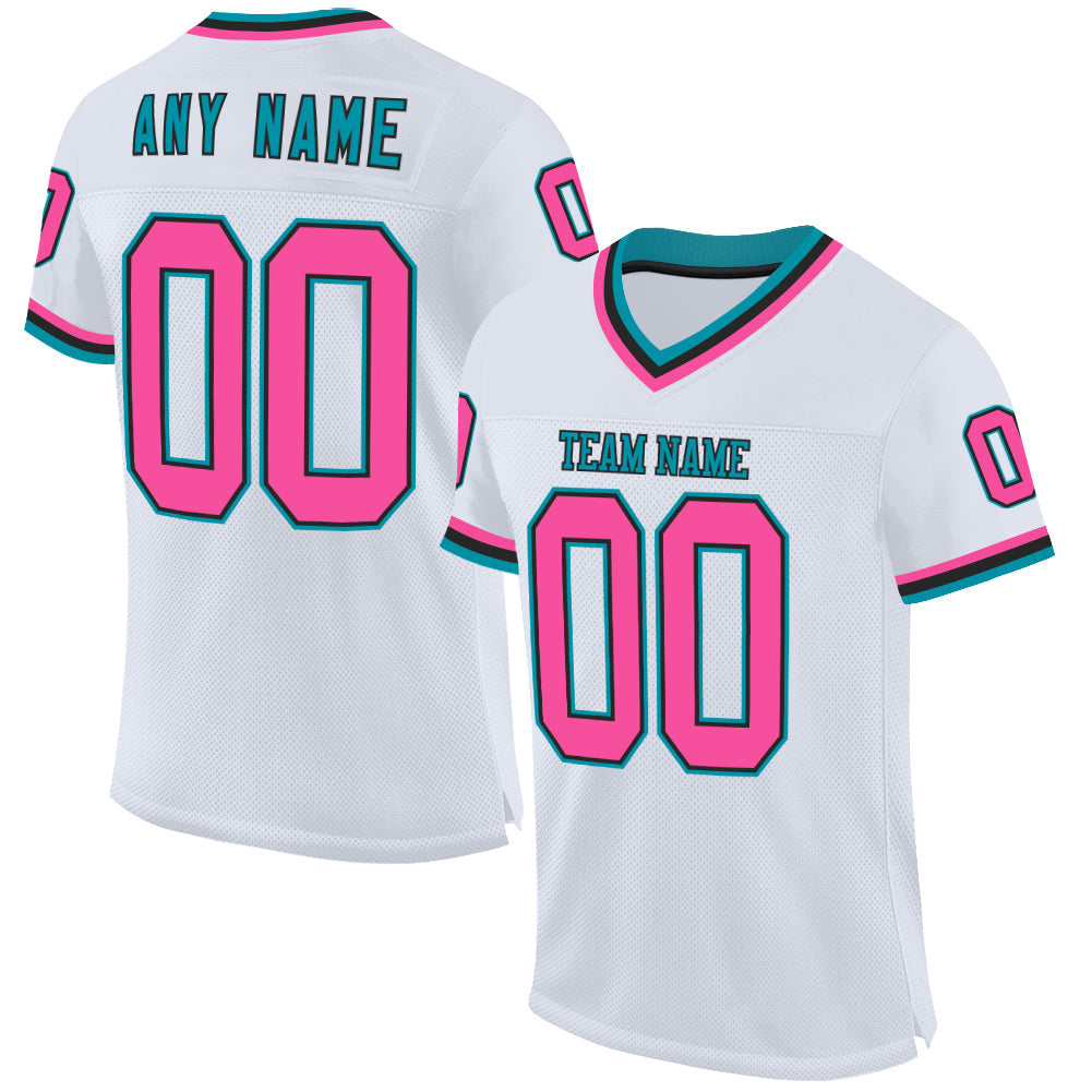 Custom White Pink Black-Teal Mesh Authentic Throwback Football Jersey - Sky-Custom
