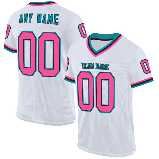 Custom White Pink Black-Teal Mesh Authentic Throwback Football Jersey - Sky-Custom