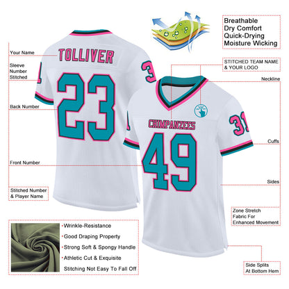 Custom White Teal Black-Pink Mesh Authentic Throwback Football Jersey - Sky-Custom