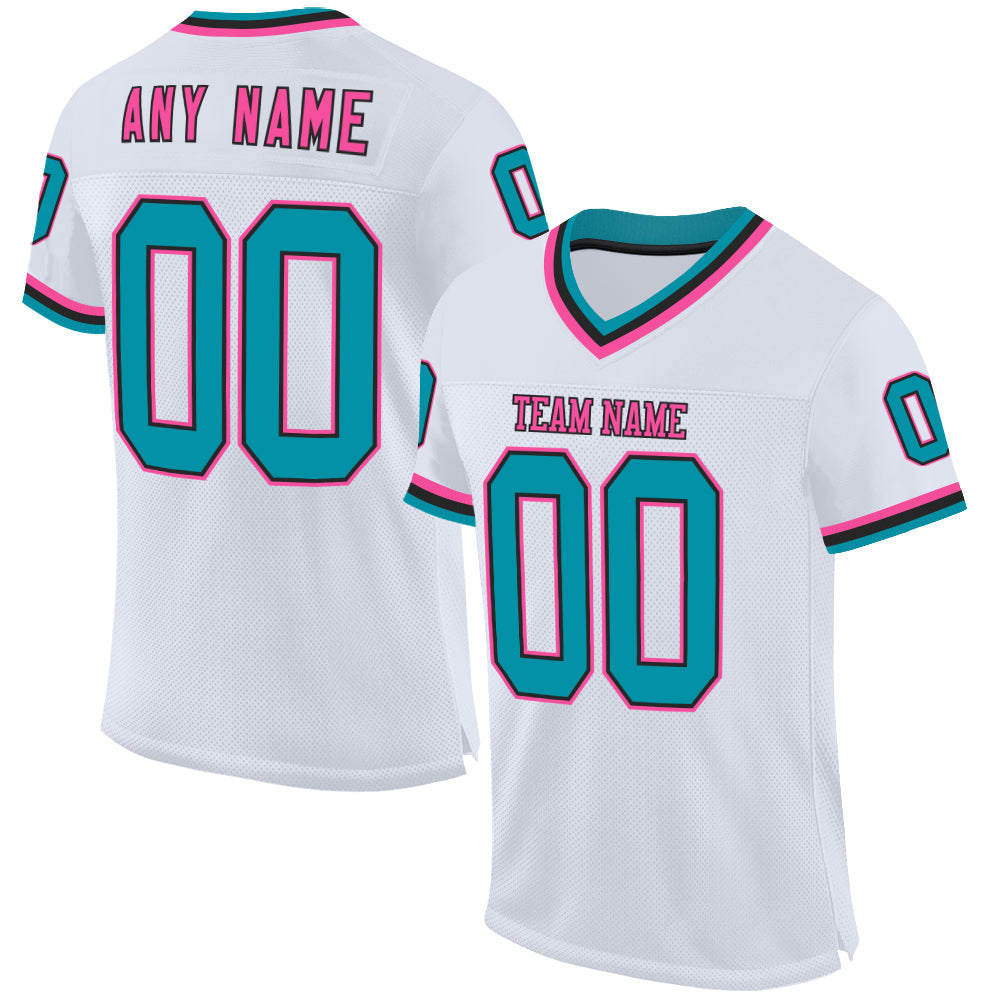 Custom White Teal Black-Pink Mesh Authentic Throwback Football Jersey - Sky-Custom
