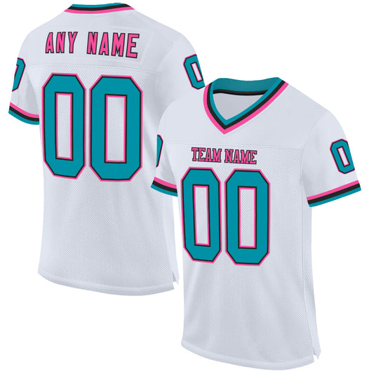 Custom White Teal Black-Pink Mesh Authentic Throwback Football Jersey - Sky-Custom