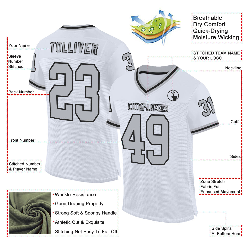 Custom White Gray-Black Mesh Authentic Throwback Football Jersey - Sky-Custom