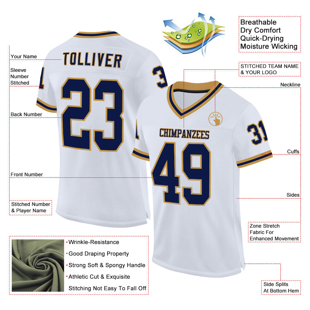 Custom White Navy-Old Gold Mesh Authentic Throwback Football Jersey - Sky-Custom
