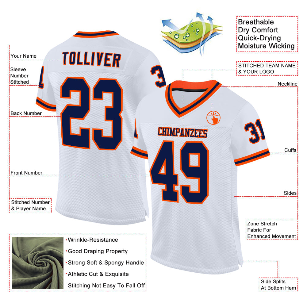 Custom White Navy-Orange Mesh Authentic Throwback Football Jersey - Sky-Custom