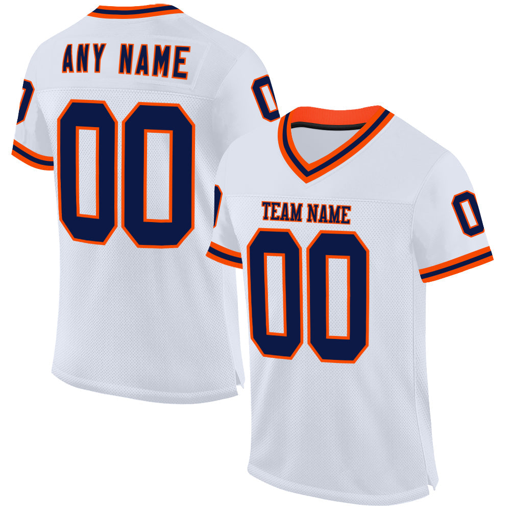 Custom White Navy-Orange Mesh Authentic Throwback Football Jersey - Sky-Custom