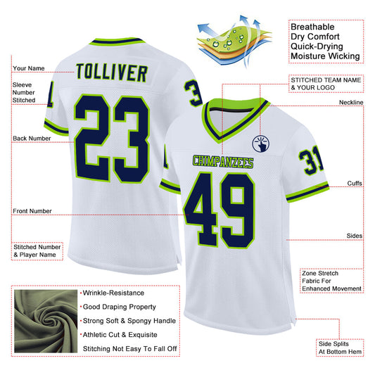 Custom White Navy-Neon Green Mesh Authentic Throwback Football Jersey - Sky-Custom