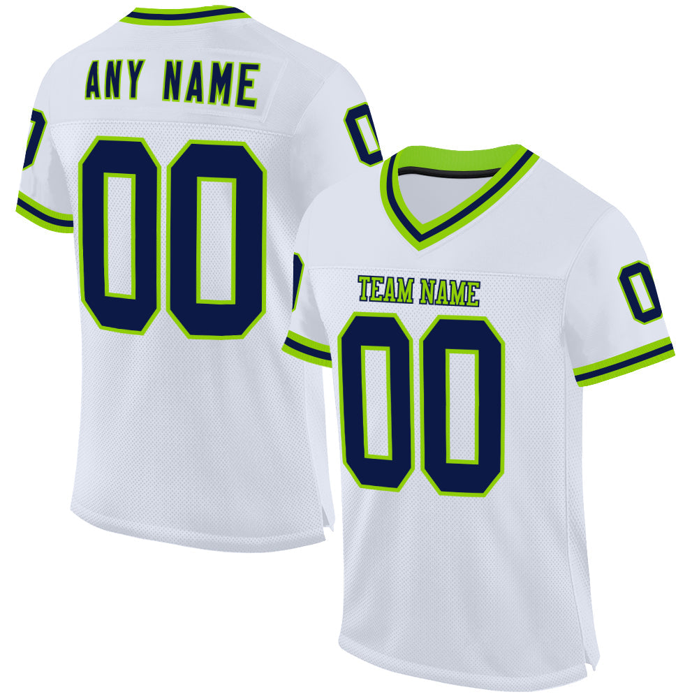 Custom White Navy-Neon Green Mesh Authentic Throwback Football Jersey - Sky-Custom