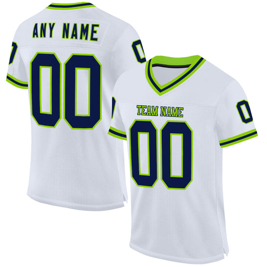 Custom White Navy-Neon Green Mesh Authentic Throwback Football Jersey - Sky-Custom