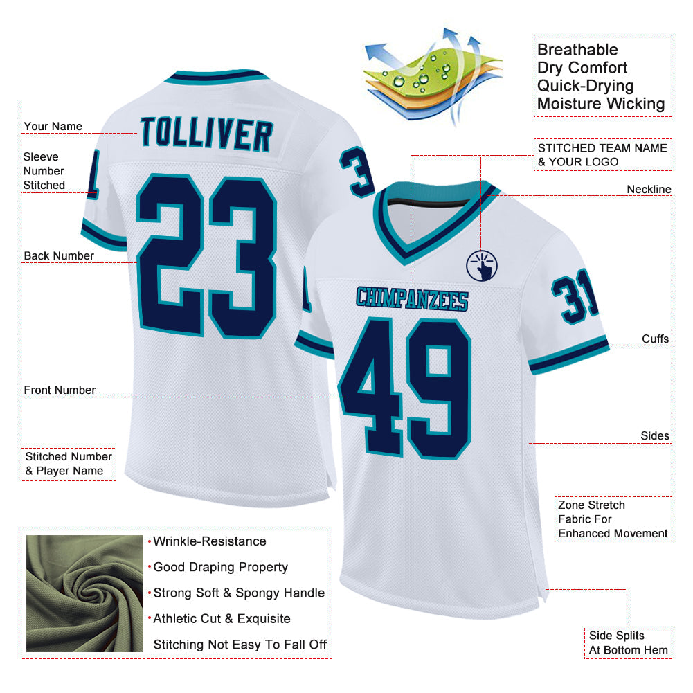 Custom White Navy-Teal Mesh Authentic Throwback Football Jersey - Sky-Custom