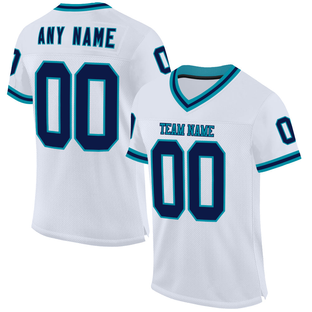 Custom White Navy-Teal Mesh Authentic Throwback Football Jersey - Sky-Custom