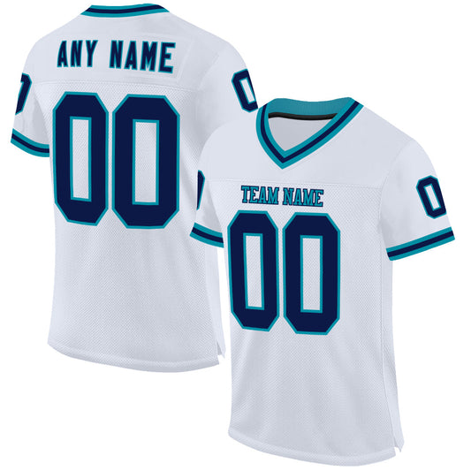 Custom White Navy-Teal Mesh Authentic Throwback Football Jersey - Sky-Custom