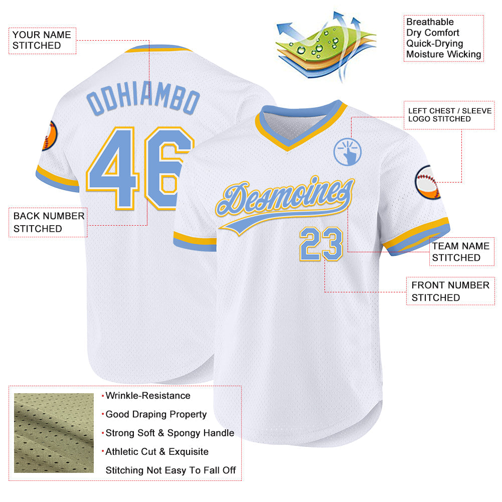 Custom White Light Blue-Gold Authentic Throwback Baseball Jersey - Sky-Custom