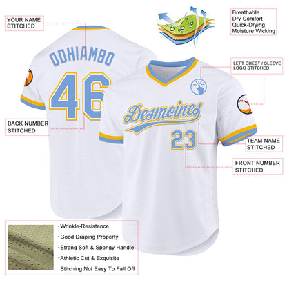 Custom White Light Blue-Gold Authentic Throwback Baseball Jersey - Sky-Custom